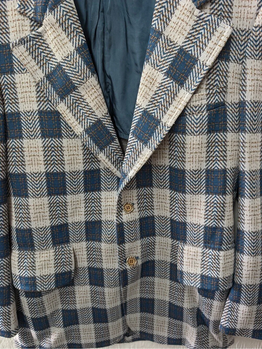 Vintage 70s Sportsman Knits Richman Brothers Blue Plaid Blazer Coat Academia 40L